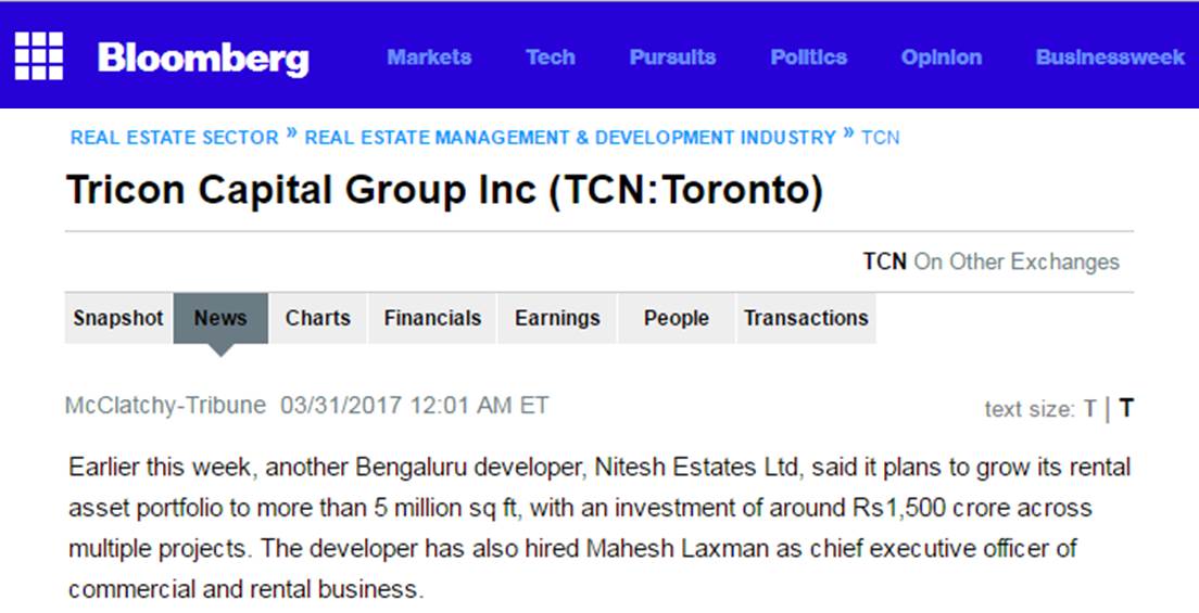 Bloomberg about Nitesh Estates