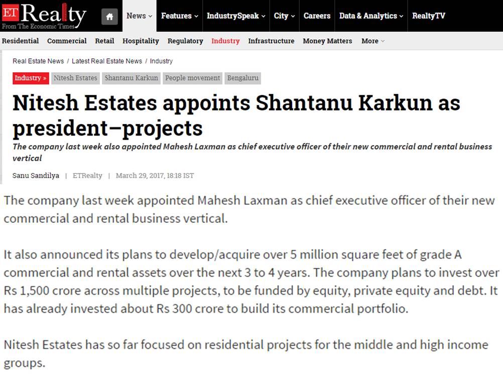 ET Realty – Nitesh Estates to build 5-million sq ft office space in Bengaluru in 3 years