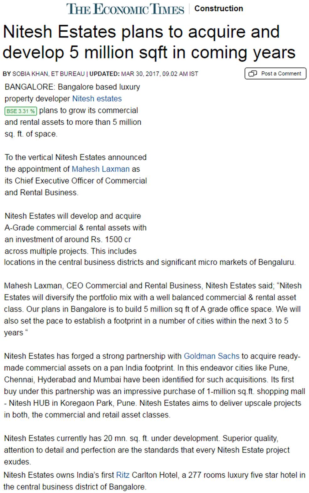 The Economic Times about Nitesh Estates plans