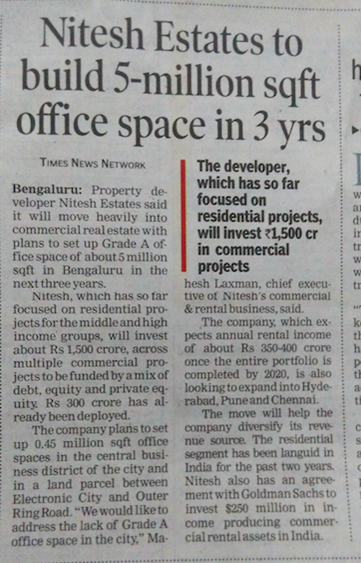 Times of India – Nitesh Estates to build 5-million sq ft office space in Bengaluru in 3 years