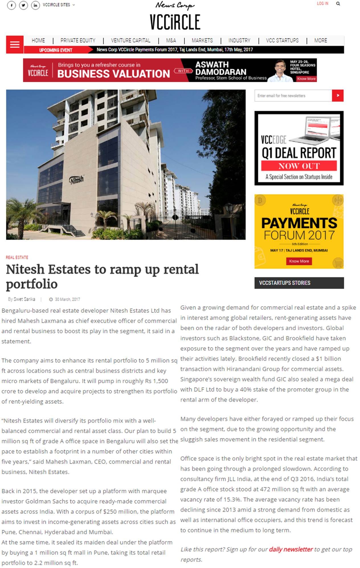 VC Circle – Nitesh Estates to ramp up rental portfolio