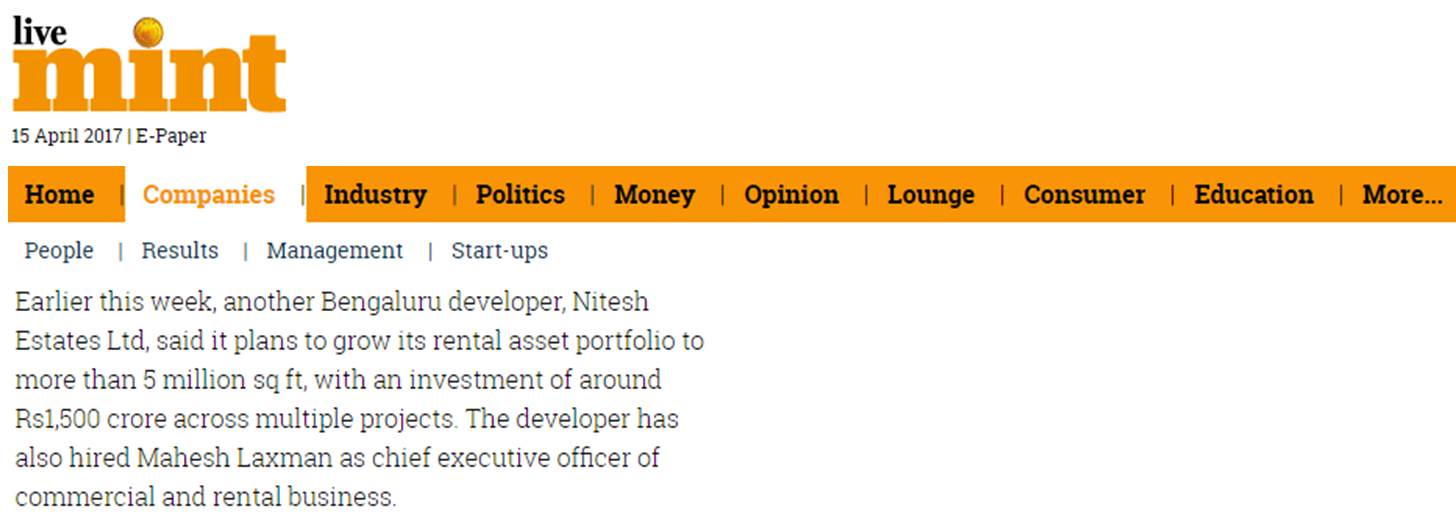 Livemint about Nitesh Estates