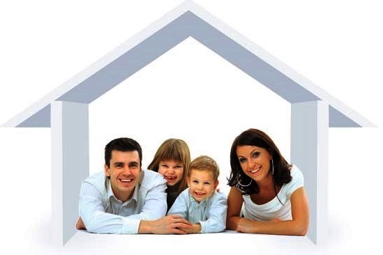 Happy family in a house. Isolated over a white backgroun